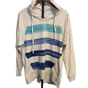 DKNY Jeans Women's Striped Pullover Hoodie Large Cream Blue Ombre Cotton
